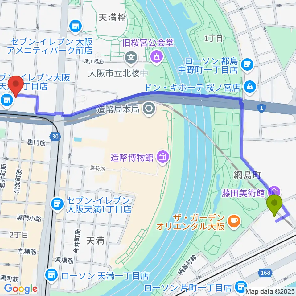 大阪城北詰駅からフレット楽器ヤマサキへのルートマップ地図