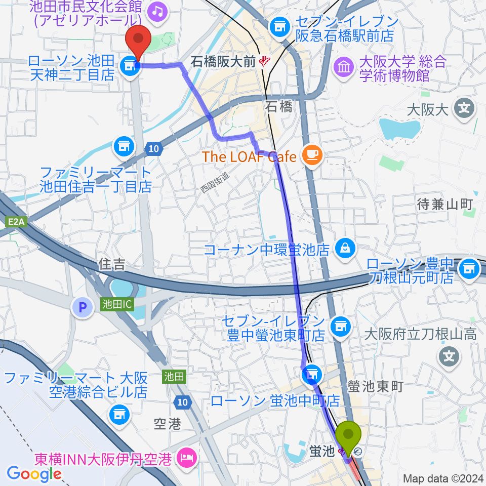 蛍池駅から米阪ギター教室へのルートマップ地図