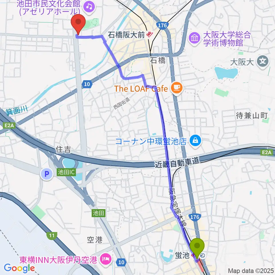 蛍池駅から米阪ギター教室へのルートマップ地図