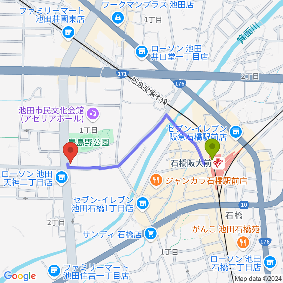 米阪ギター教室の最寄駅石橋阪大前駅からの徒歩ルート（約8分）地図