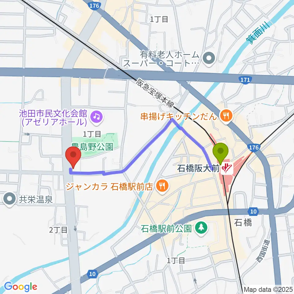 米阪ギター教室の最寄駅石橋阪大前駅からの徒歩ルート（約8分）地図