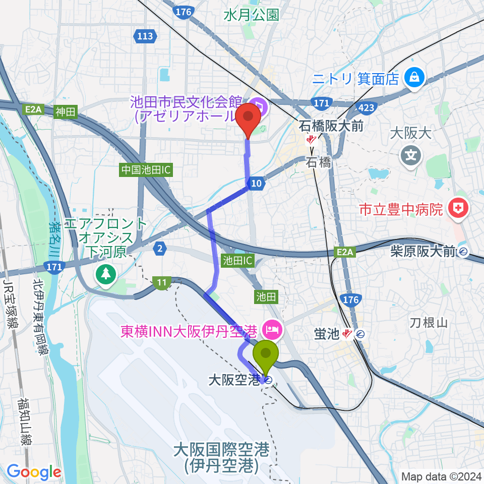 大阪空港駅から米阪ギター教室へのルートマップ地図