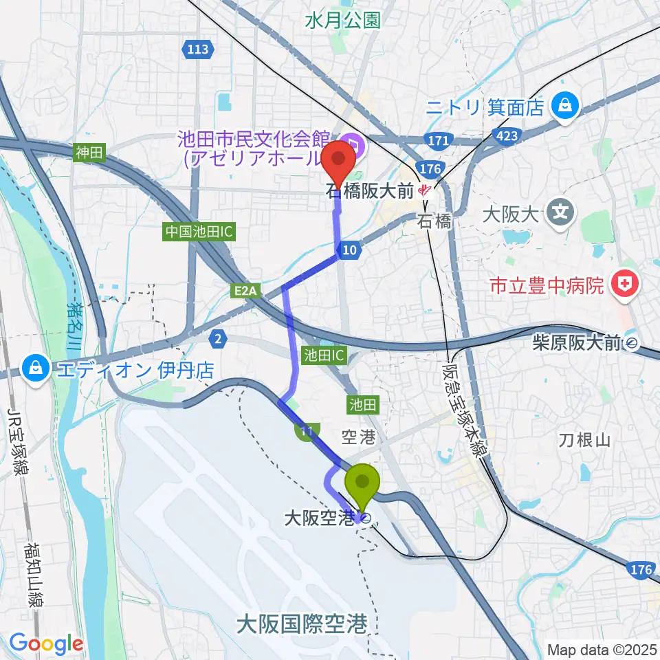 大阪空港駅から米阪ギター教室へのルートマップ地図