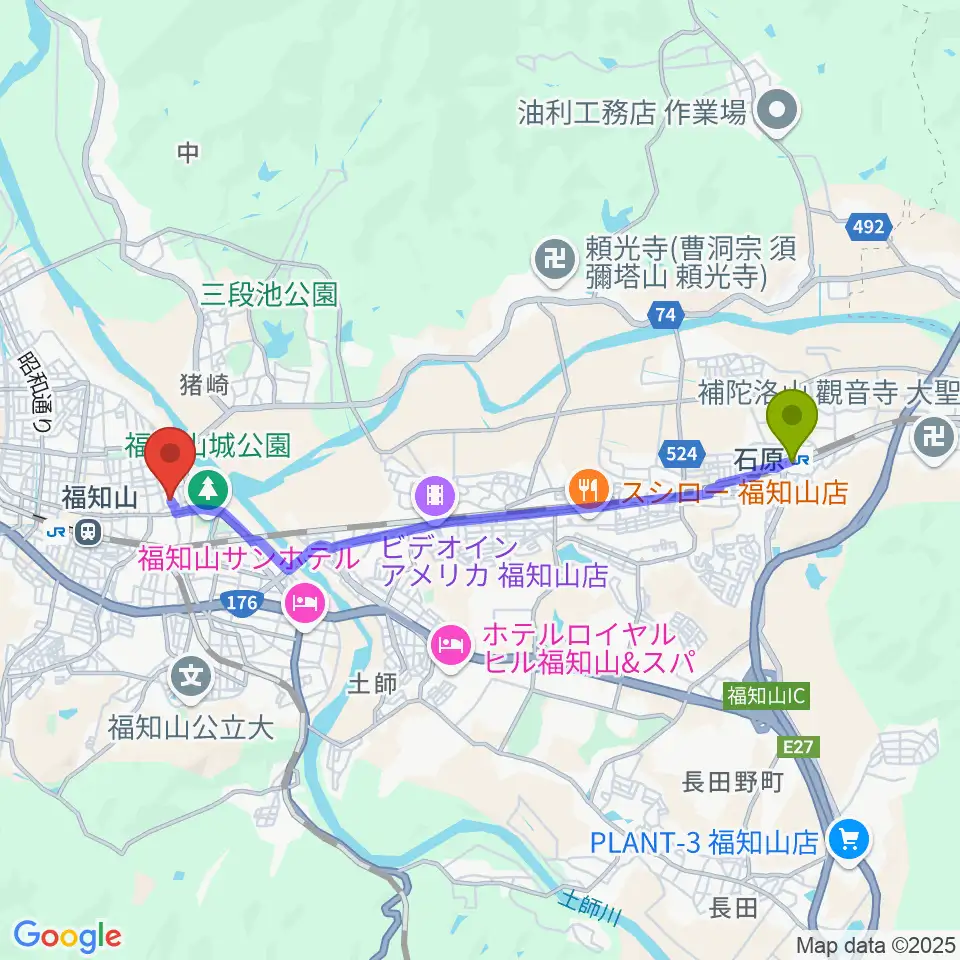 石原駅から三字屋楽器店へのルートマップ地図
