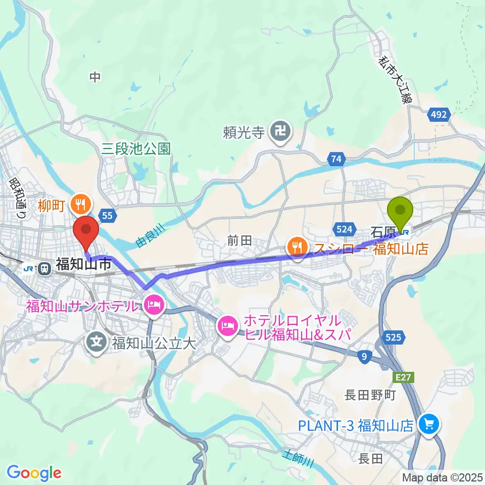石原駅から三字屋楽器店へのルートマップ地図