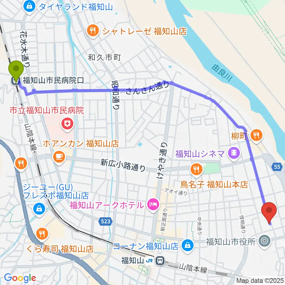 福知山市民病院口駅から三字屋楽器店へのルートマップ地図