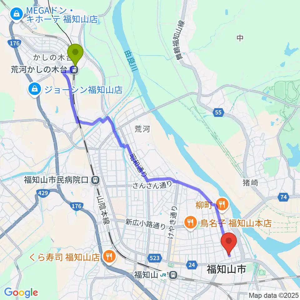 荒河かしの木台駅から三字屋楽器店へのルートマップ地図