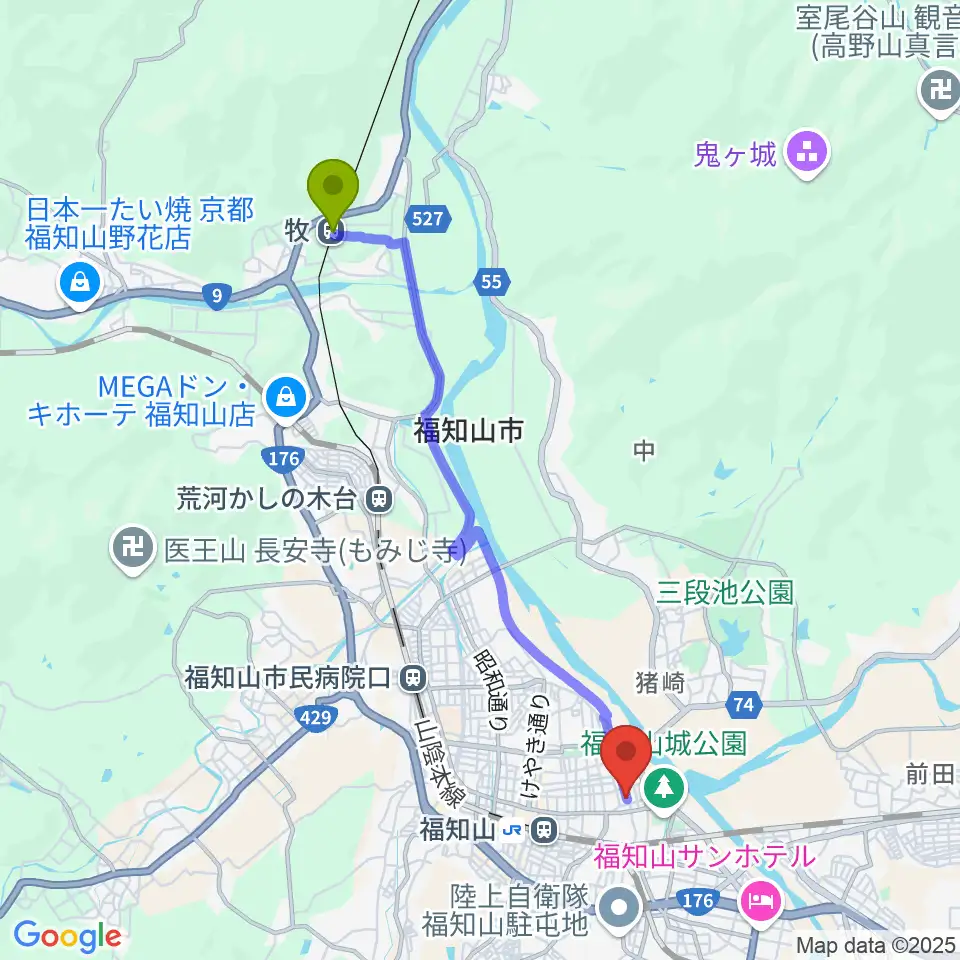 牧駅から三字屋楽器店へのルートマップ地図