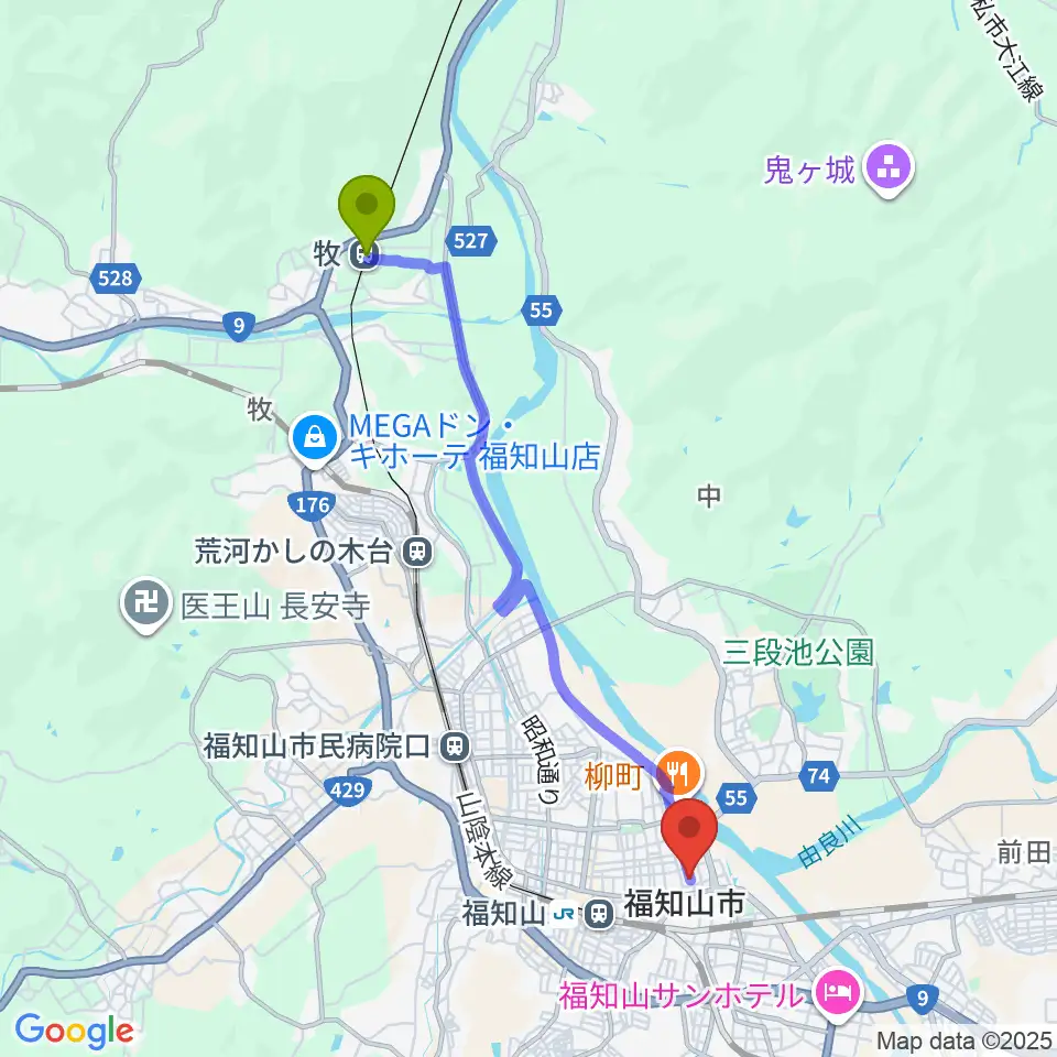 牧駅から三字屋楽器店へのルートマップ地図
