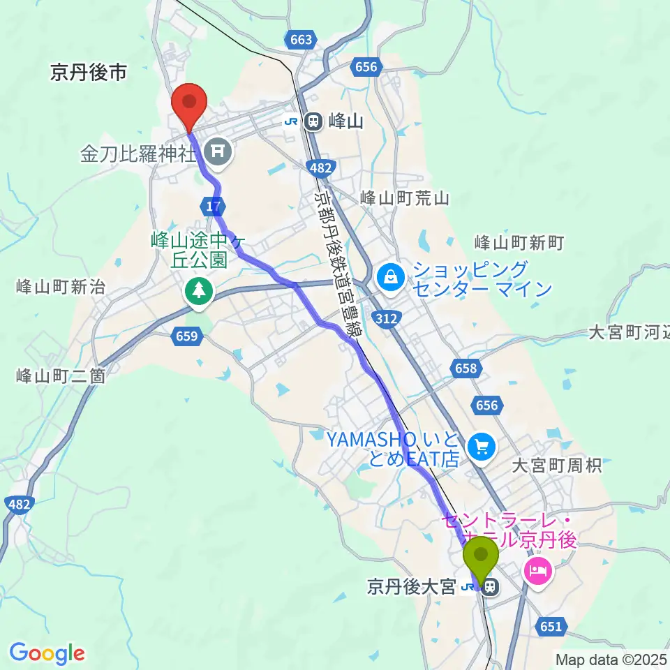 京丹後大宮駅から宮田教育堂へのルートマップ地図