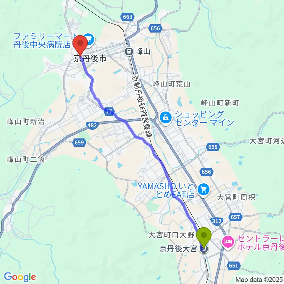京丹後大宮駅から宮田教育堂へのルートマップ地図