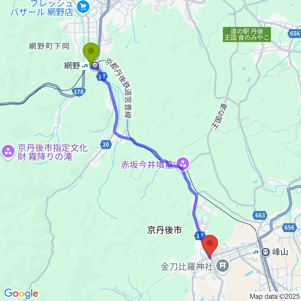 網野駅から宮田教育堂へのルートマップ地図