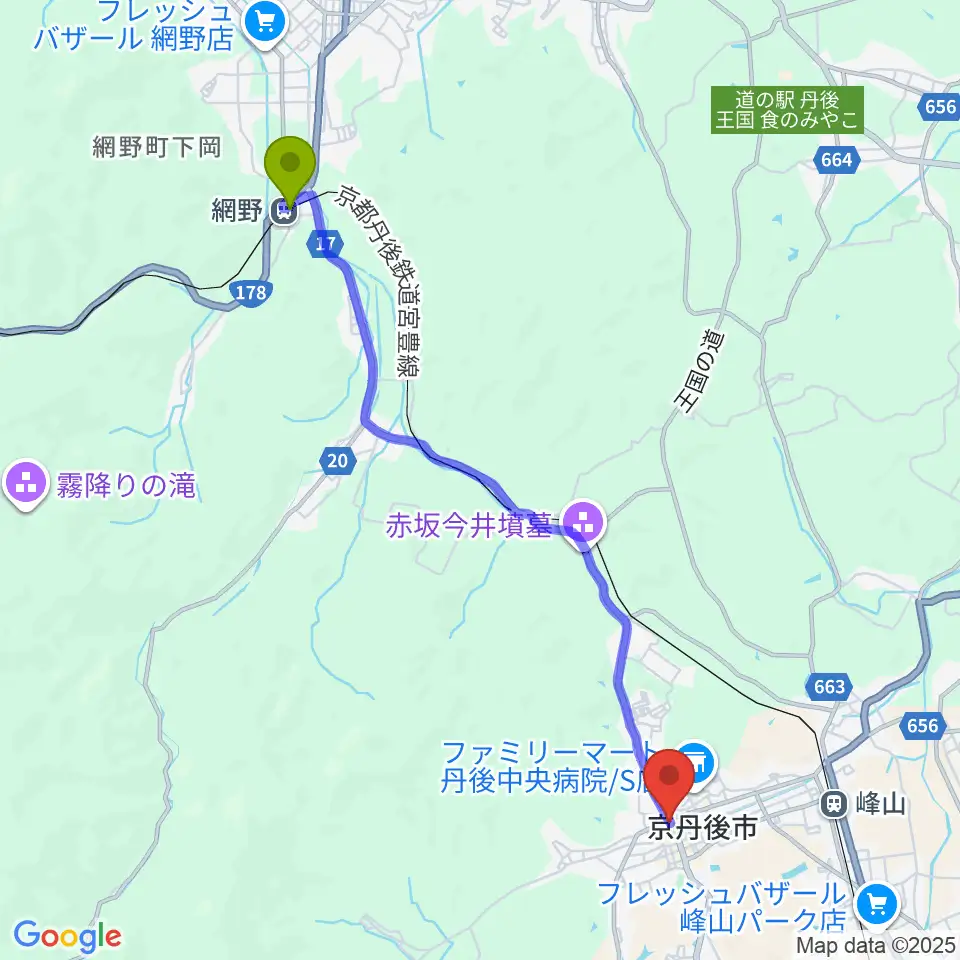 網野駅から宮田教育堂へのルートマップ地図