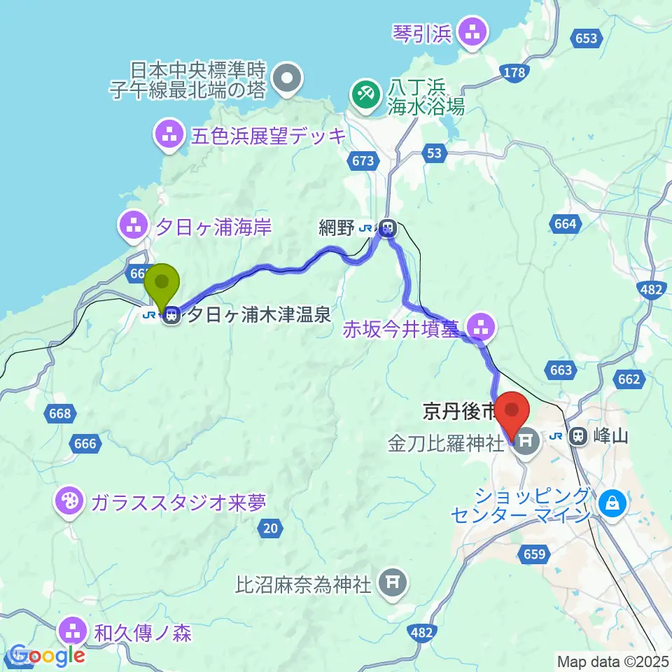 夕日ヶ浦木津温泉駅から宮田教育堂へのルートマップ地図