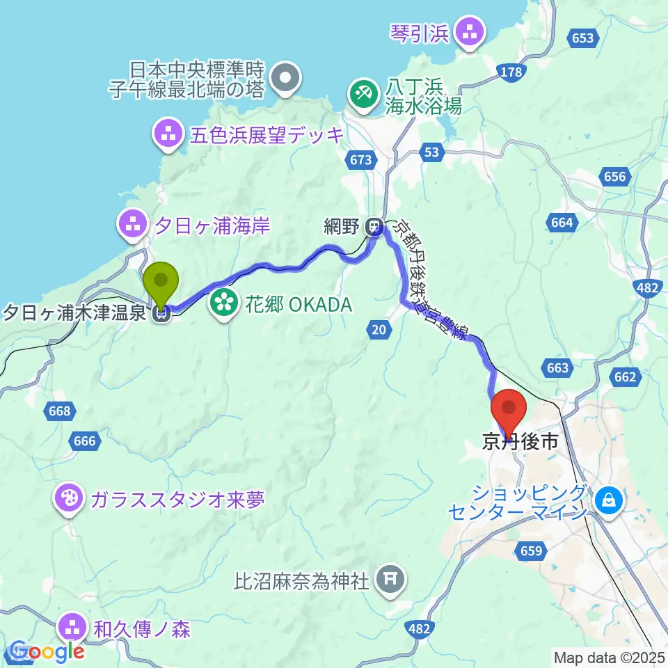 夕日ヶ浦木津温泉駅から宮田教育堂へのルートマップ地図