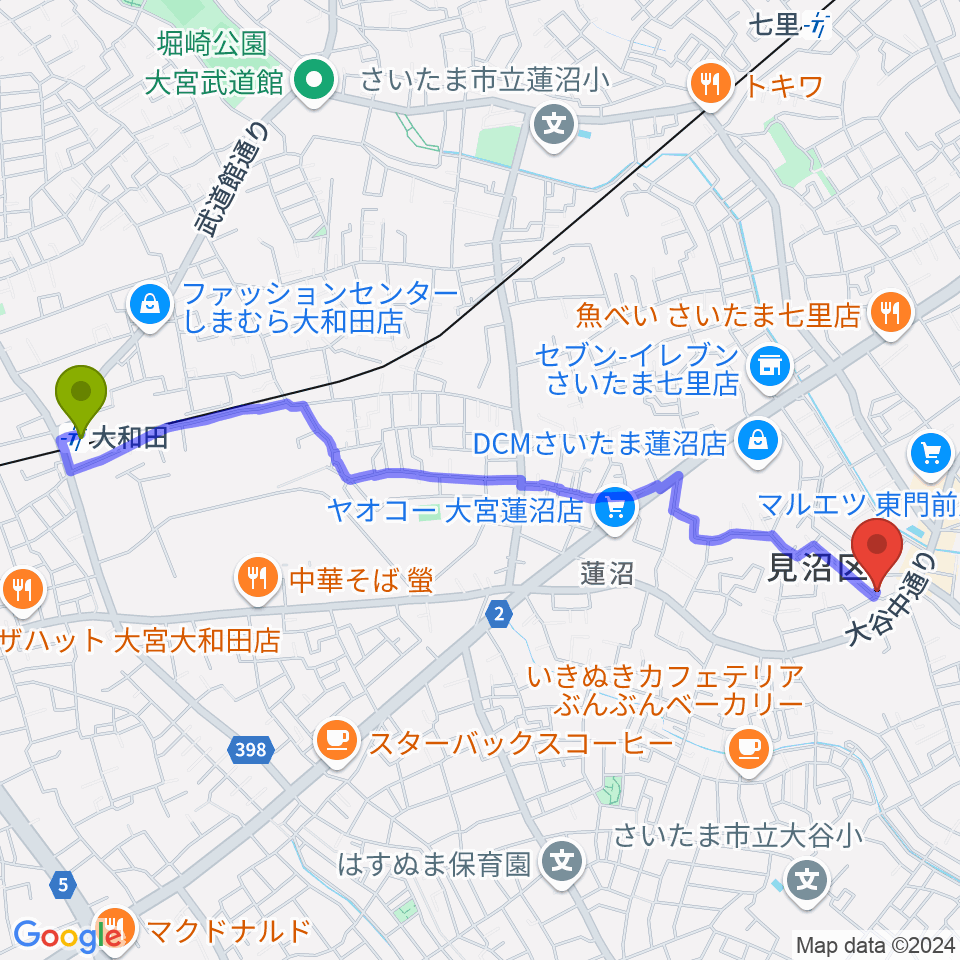 大和田駅からあらかわ音楽教室 七里スタジオへのルートマップ地図