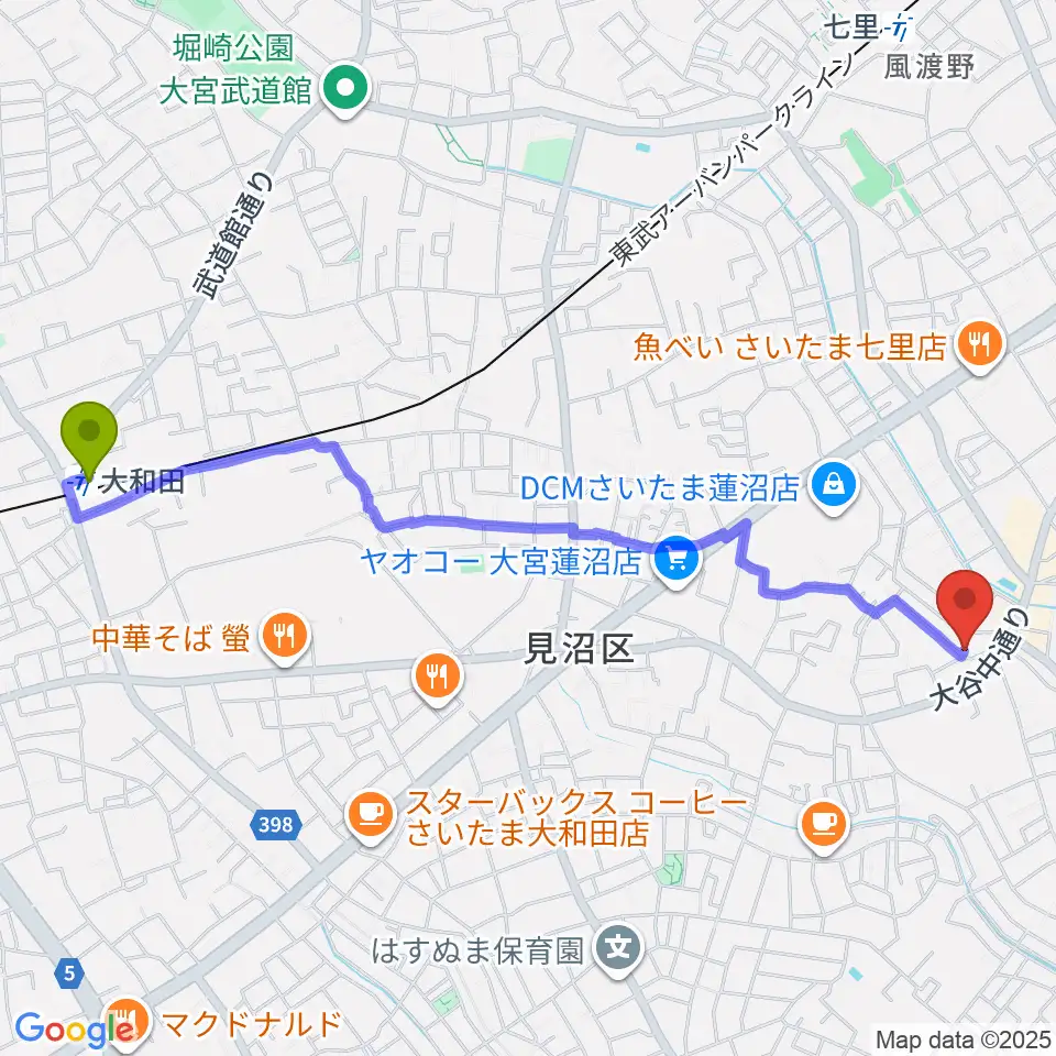 大和田駅からあらかわ音楽教室 七里スタジオへのルートマップ地図