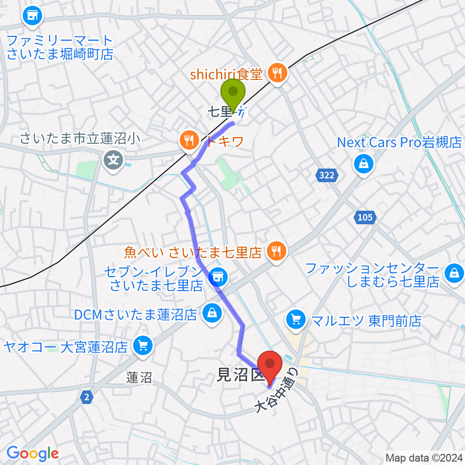 あらかわ音楽教室 七里スタジオの最寄駅七里駅からの徒歩ルート（約18分）地図