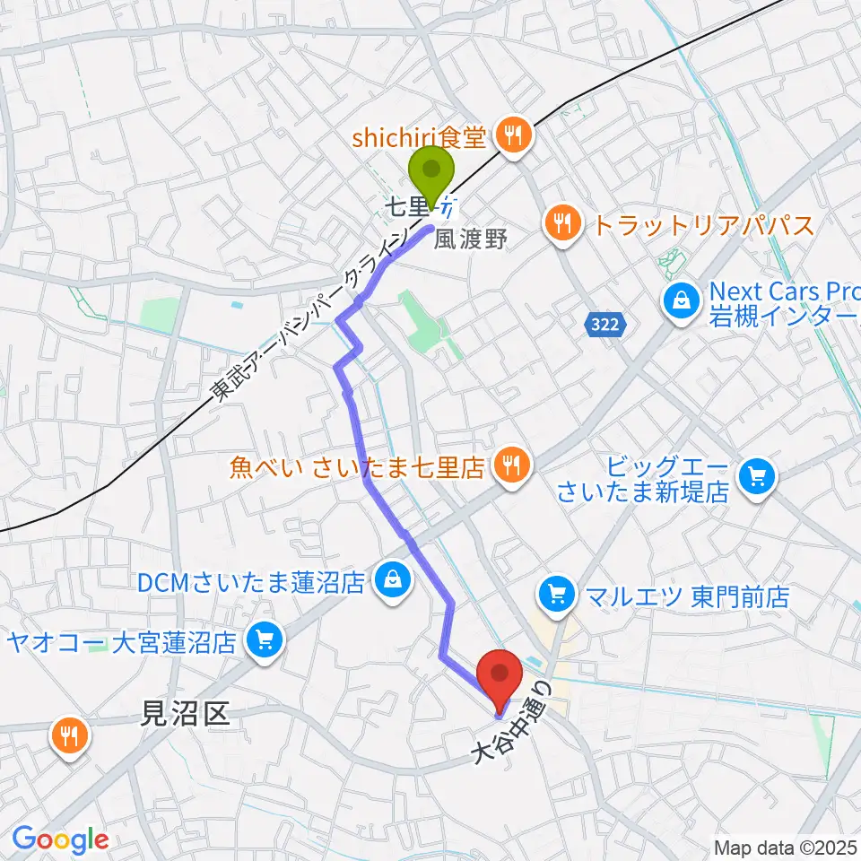 あらかわ音楽教室 七里スタジオの最寄駅七里駅からの徒歩ルート（約18分）地図