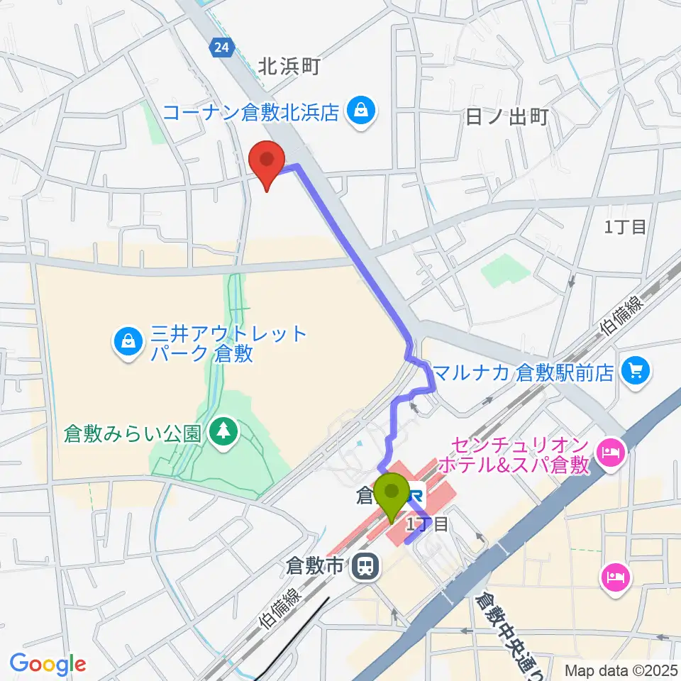 伊丹典子マンドリン教室の最寄駅倉敷駅からの徒歩ルート（約8分）地図