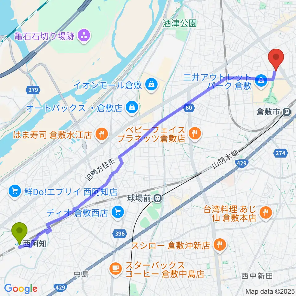西阿知駅から伊丹典子マンドリンアカデミア教室へのルートマップ地図