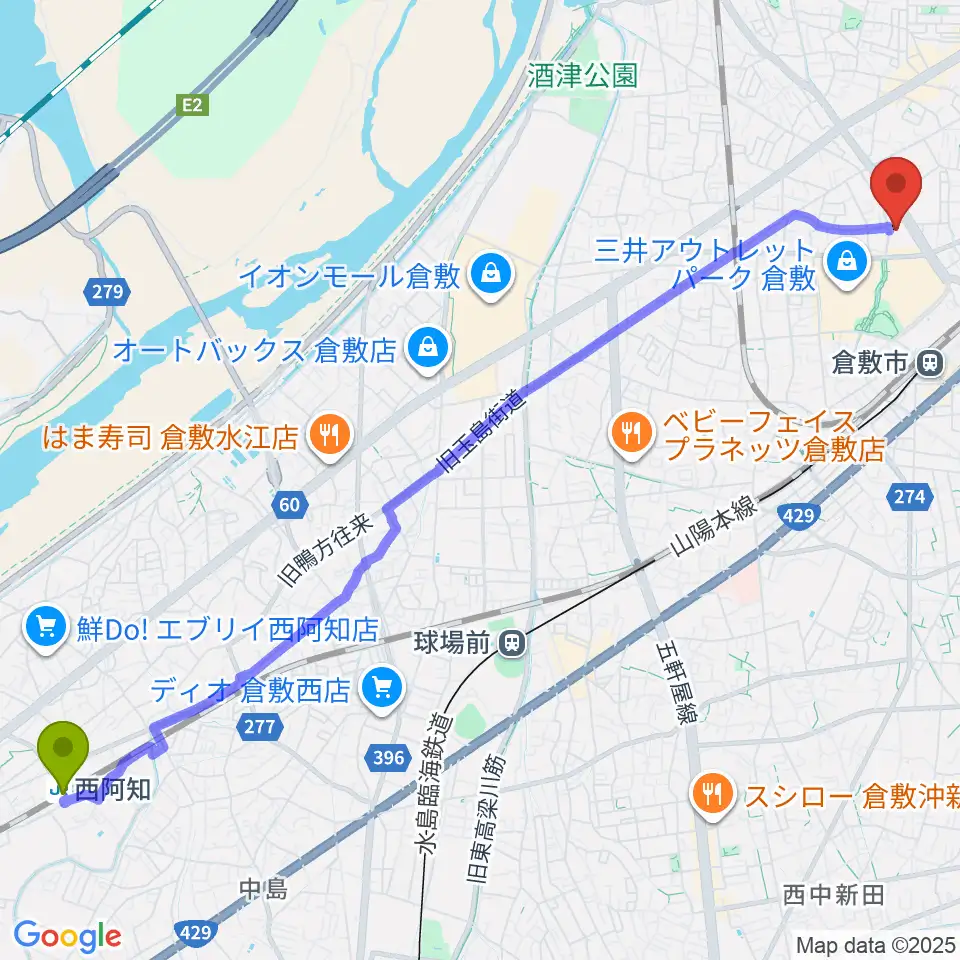 西阿知駅から伊丹典子マンドリン教室へのルートマップ地図