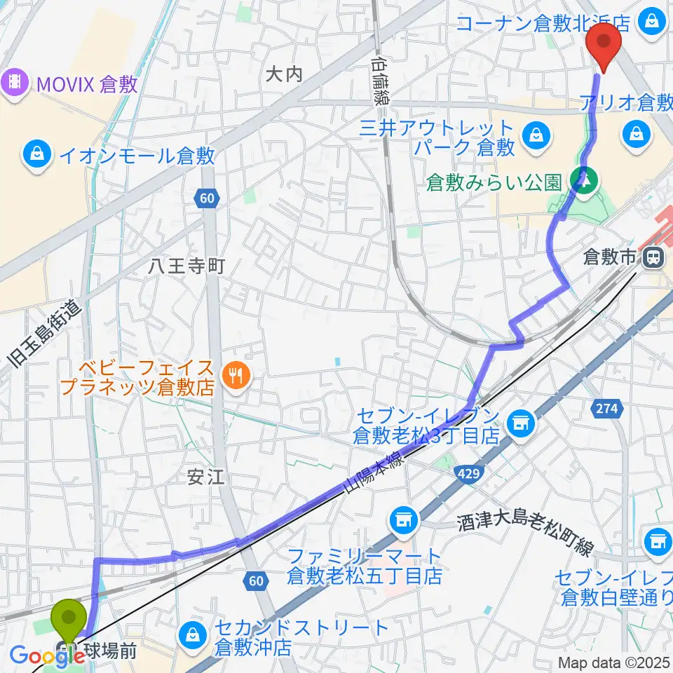 球場前駅から伊丹典子マンドリンアカデミア教室へのルートマップ地図