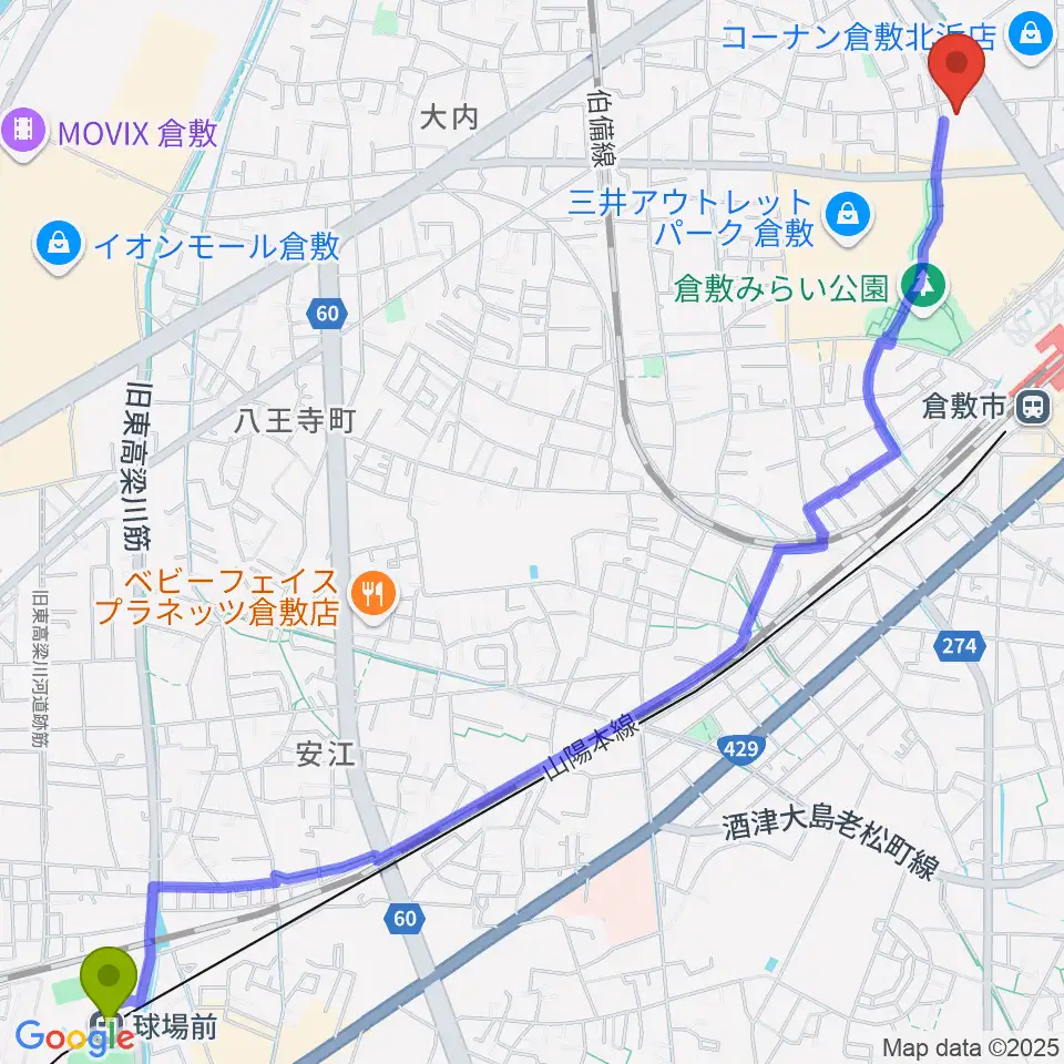 球場前駅から伊丹典子マンドリン教室へのルートマップ地図