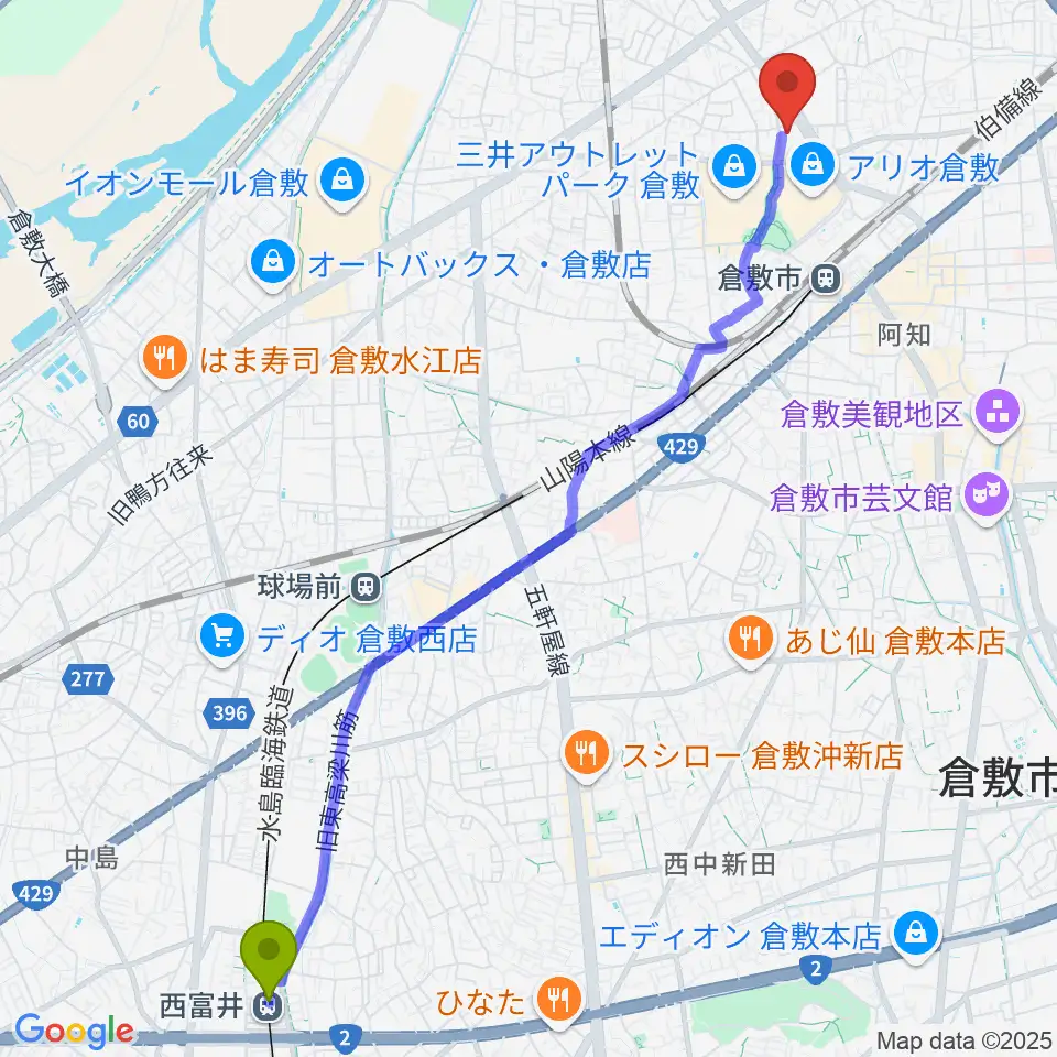 西富井駅から伊丹典子マンドリンアカデミア教室へのルートマップ地図