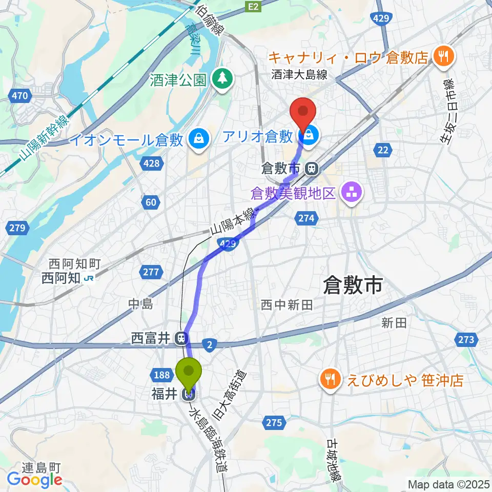福井駅から伊丹典子マンドリン教室へのルートマップ地図