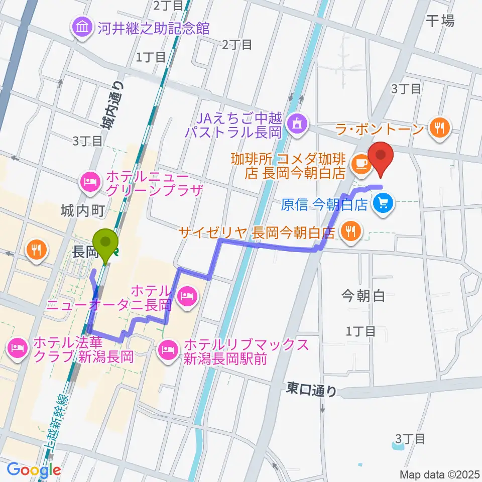 わたじん楽器 長岡店　の最寄駅長岡駅からの徒歩ルート（約9分）地図