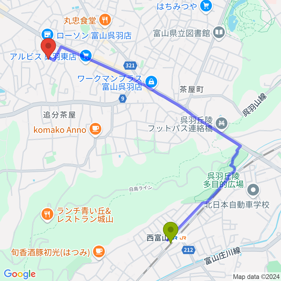 西富山駅から野上真理子ピアノ教室へのルートマップ地図