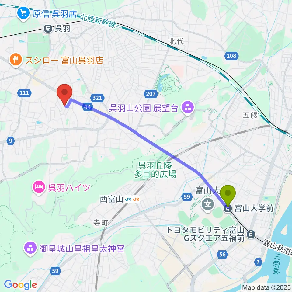 大学前駅から野上真理子ピアノ教室へのルートマップ地図
