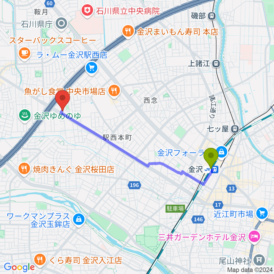 MPC 楽器センター金沢の最寄駅金沢駅からの徒歩ルート（約36分）地図