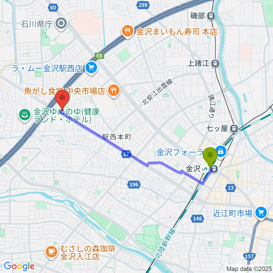 MPC 楽器センター金沢の最寄駅金沢駅からの徒歩ルート（約36分）地図