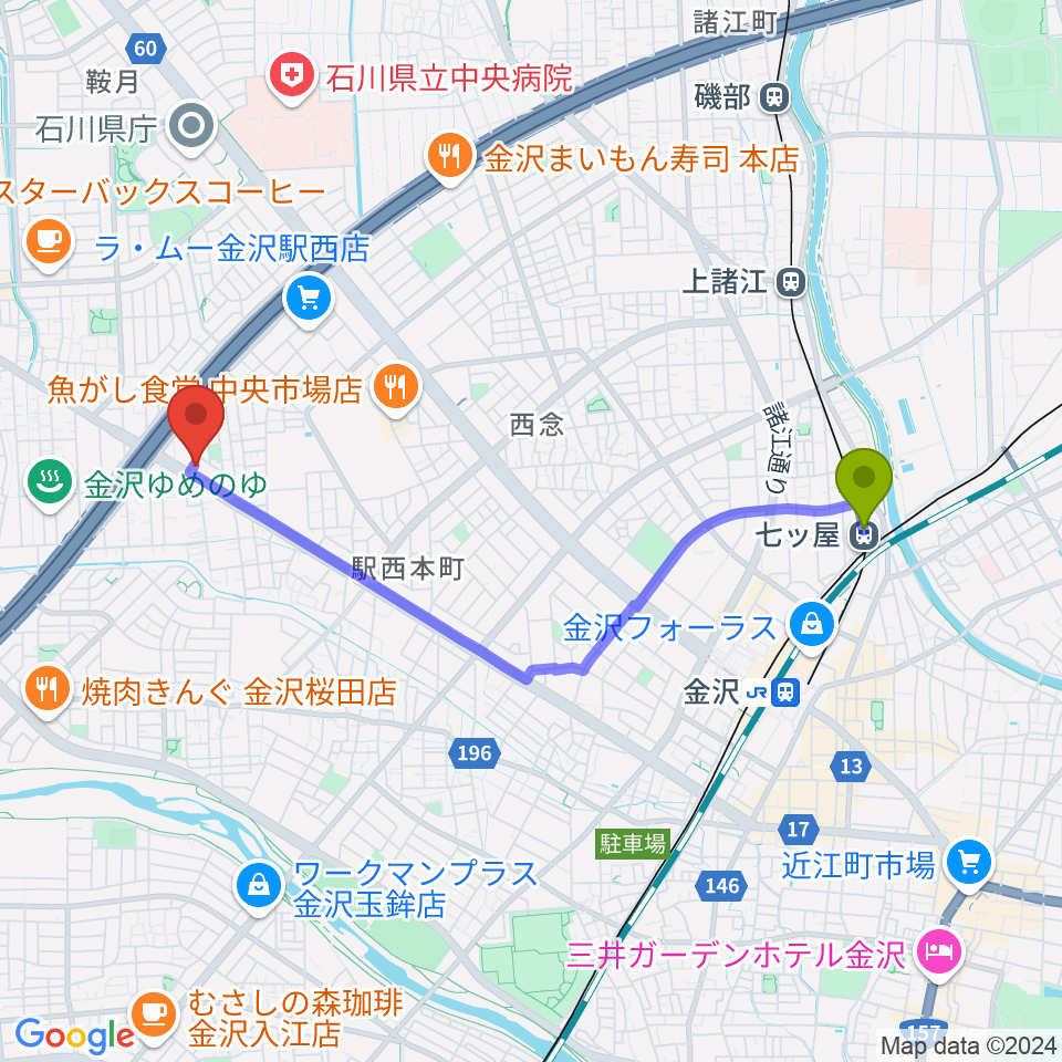 七ツ屋駅からMPC 楽器センター金沢へのルートマップ地図