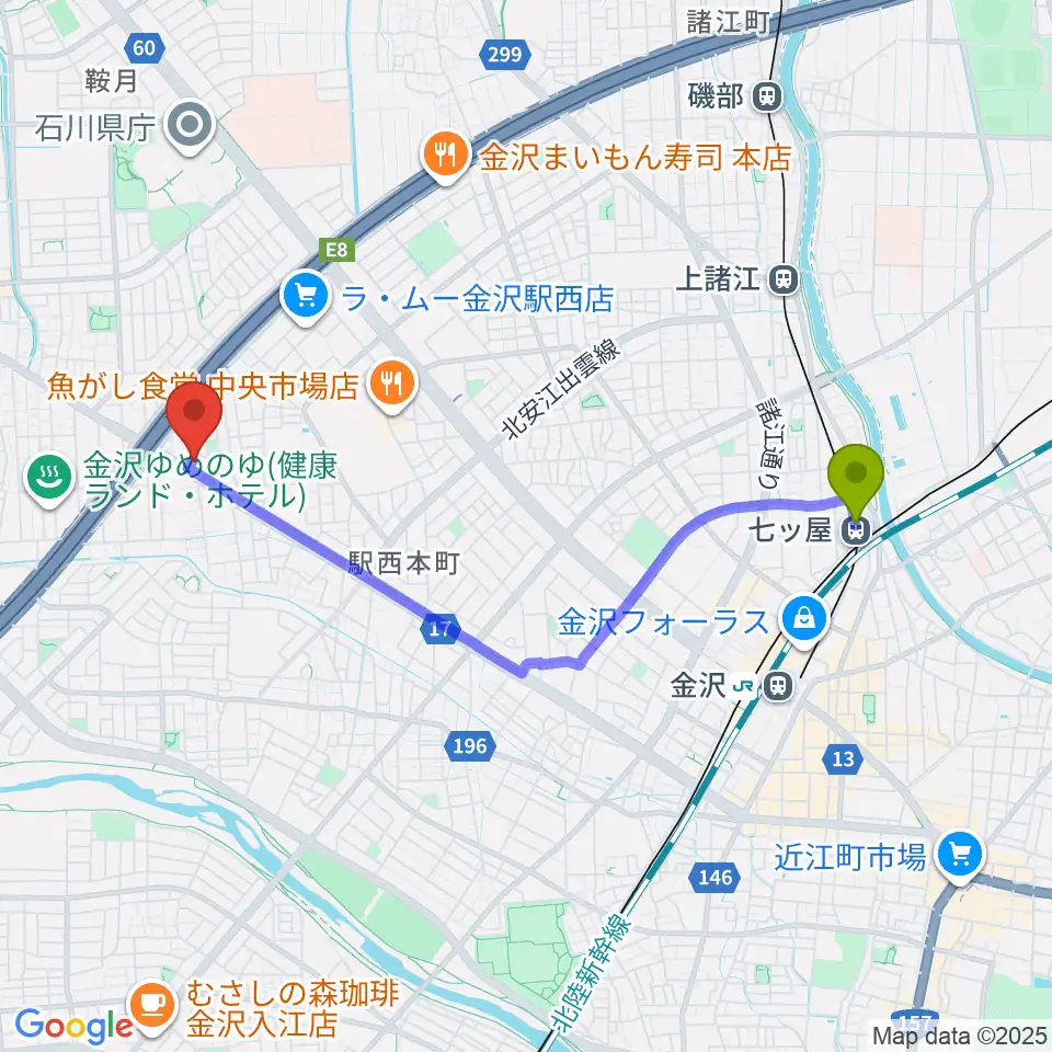 七ツ屋駅からMPC 楽器センター金沢へのルートマップ地図