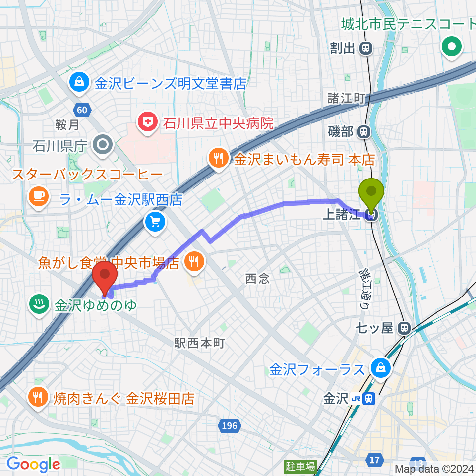 上諸江駅からMPC 楽器センター金沢へのルートマップ地図