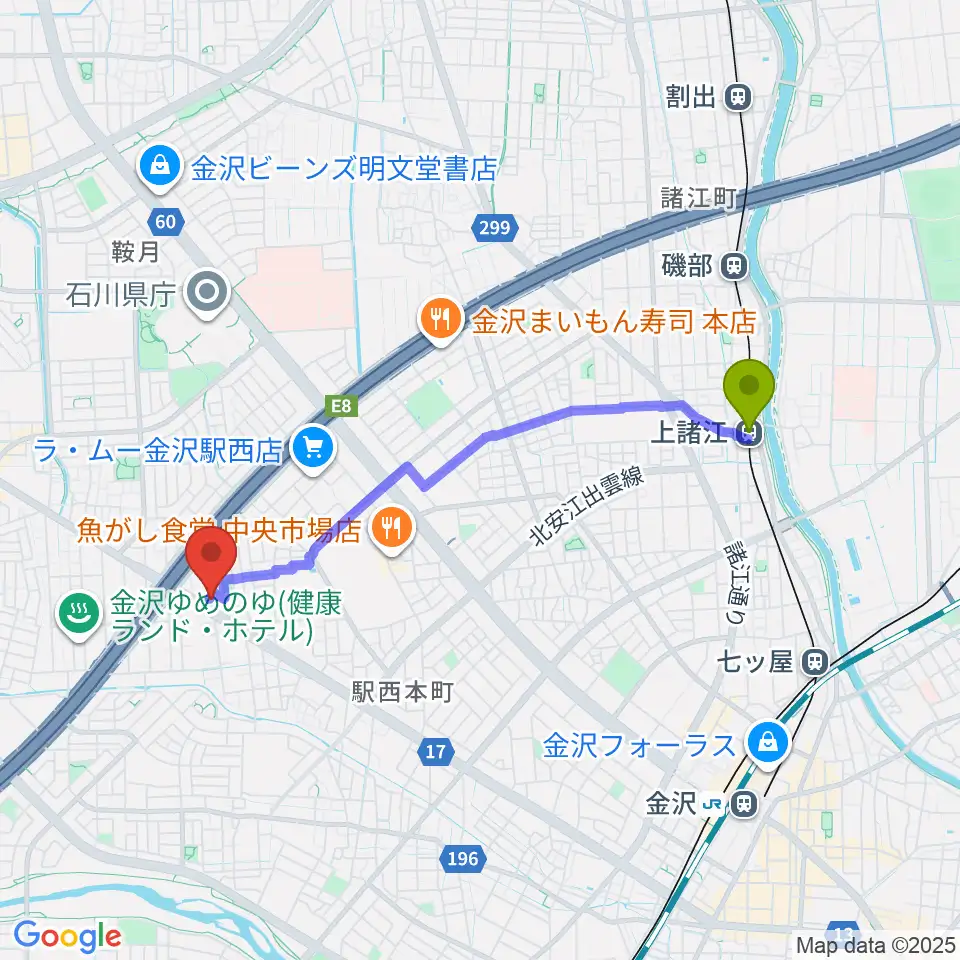 上諸江駅からMPC 楽器センター金沢へのルートマップ地図