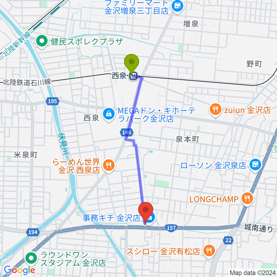 開進堂楽器 MPC金沢の最寄駅西泉駅からの徒歩ルート（約16分）地図