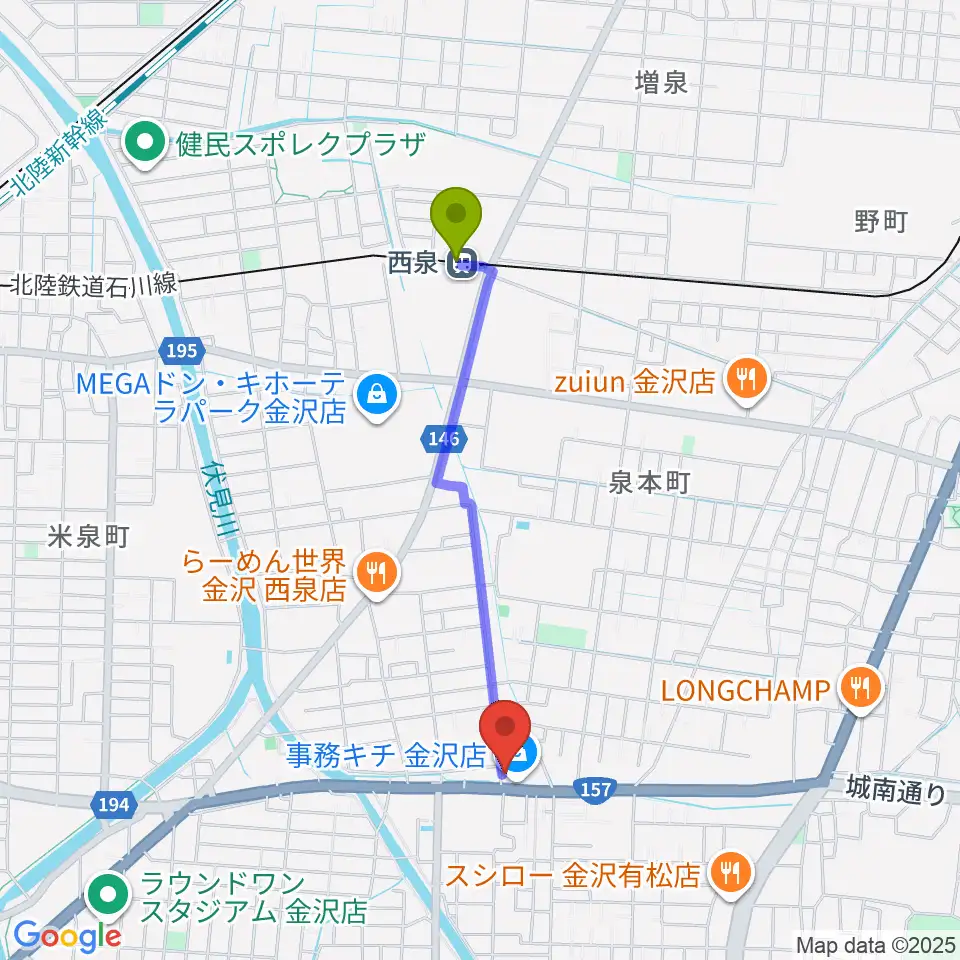 開進堂楽器 MPC金沢の最寄駅西泉駅からの徒歩ルート（約16分）地図
