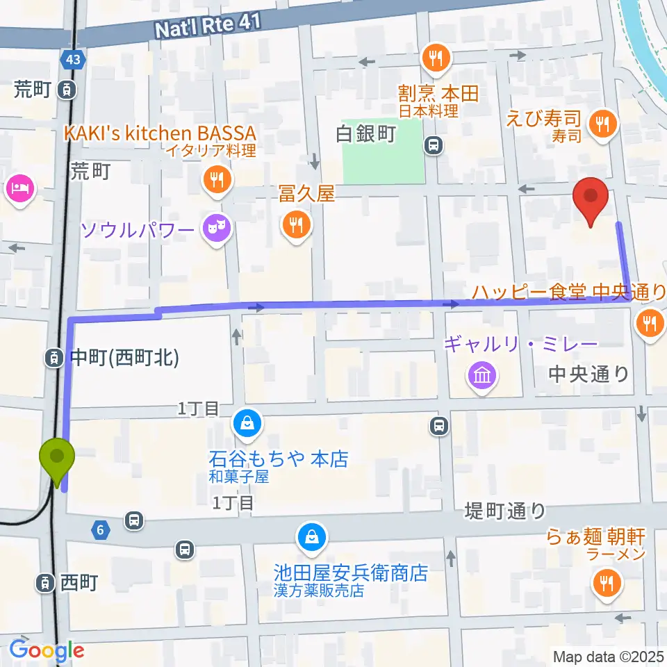 西町駅からMPC富山へのルートマップ地図