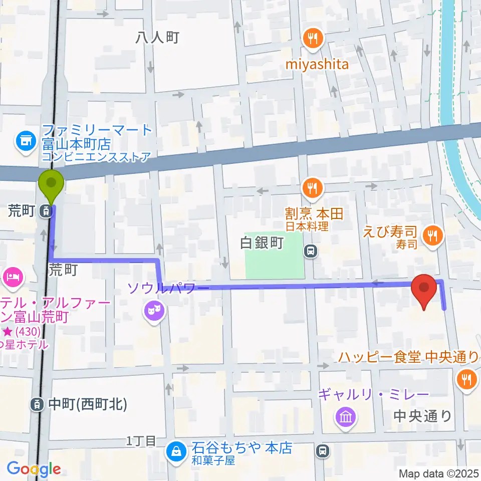 荒町駅からMPC富山へのルートマップ地図