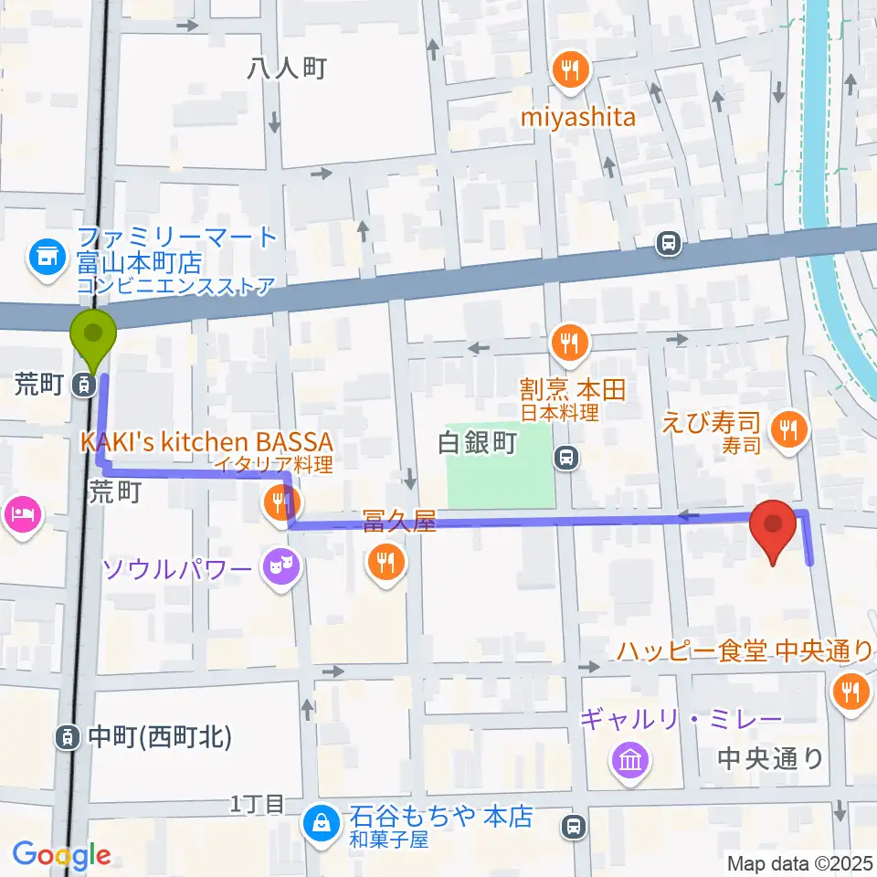 荒町駅からMPC富山へのルートマップ地図