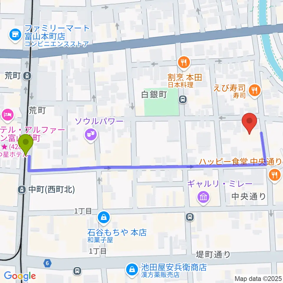 MPC富山の最寄駅中町（西町北）駅からの徒歩ルート（約6分）地図