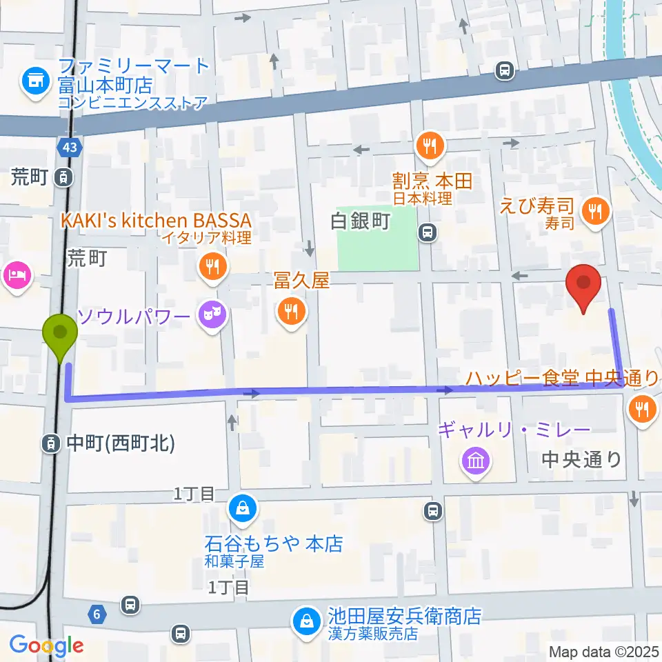 MPC富山の最寄駅中町（西町北）駅からの徒歩ルート（約6分）地図