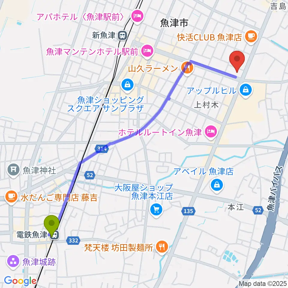 電鉄魚津駅から開進堂楽器 MPC新川へのルートマップ地図