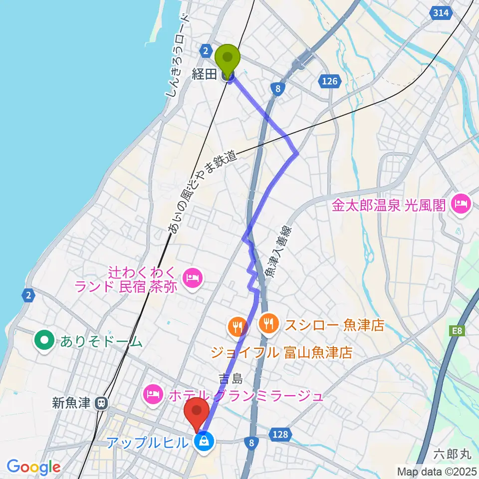 経田駅から開進堂楽器 MPC新川へのルートマップ地図