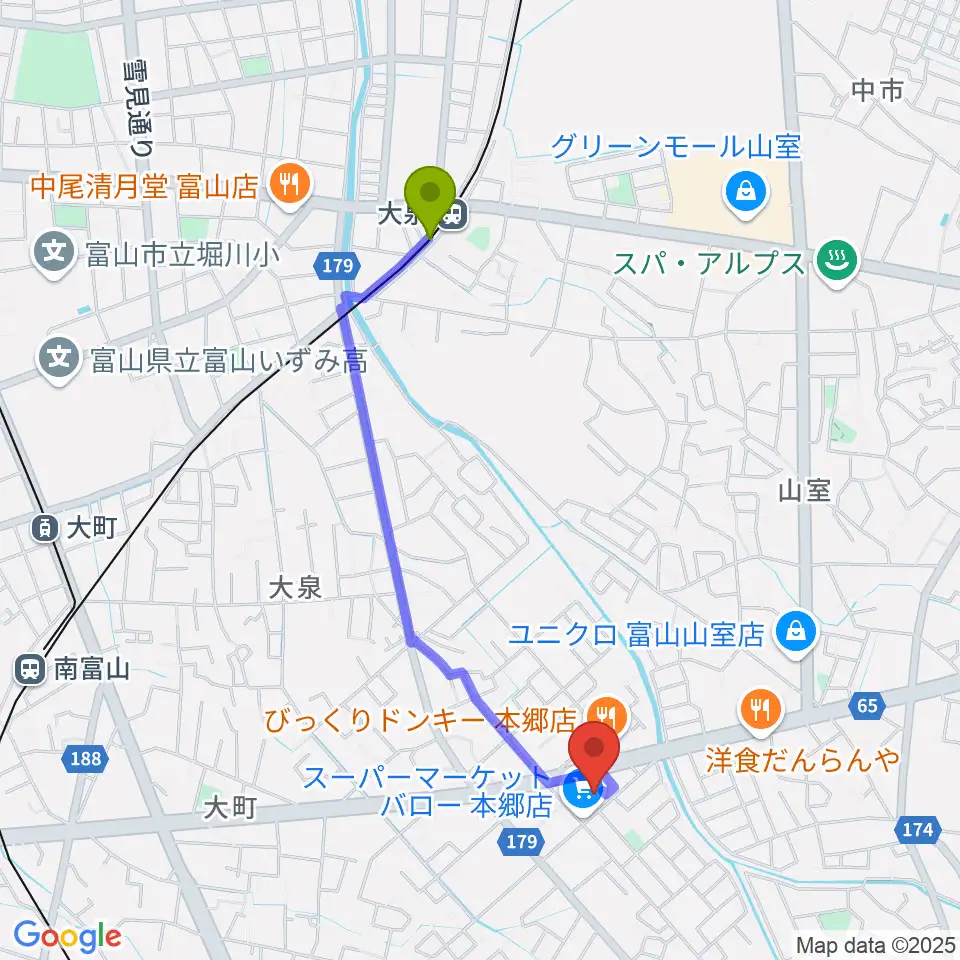 大泉駅から開進堂楽器 MPC富山南へのルートマップ地図