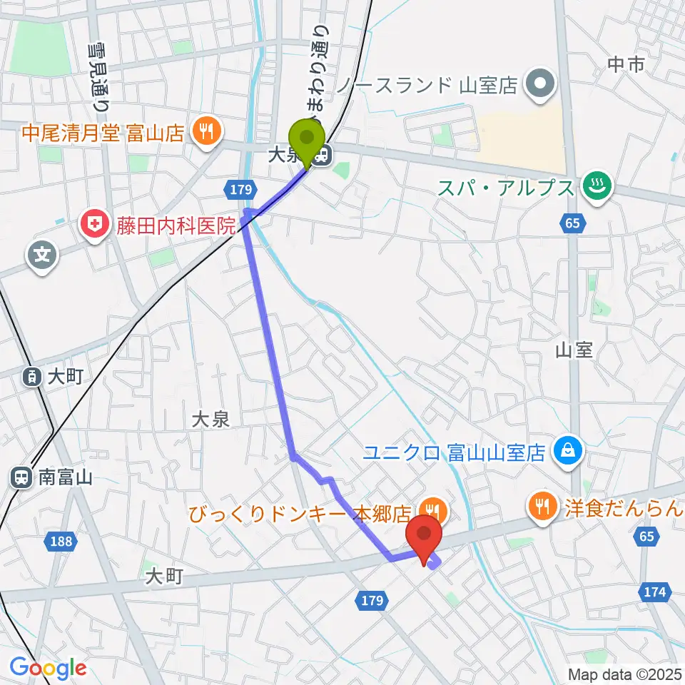 大泉駅から開進堂楽器 MPC富山南へのルートマップ地図